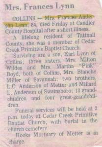 Frances Anderson Lynn Obit